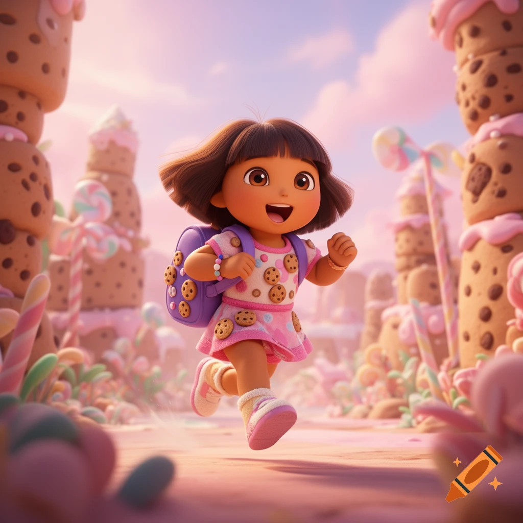 Dora the Explorer cartoon character running in a pink, cookie-themed fantasy land, wearing a dress and backpack decorated with cookies.