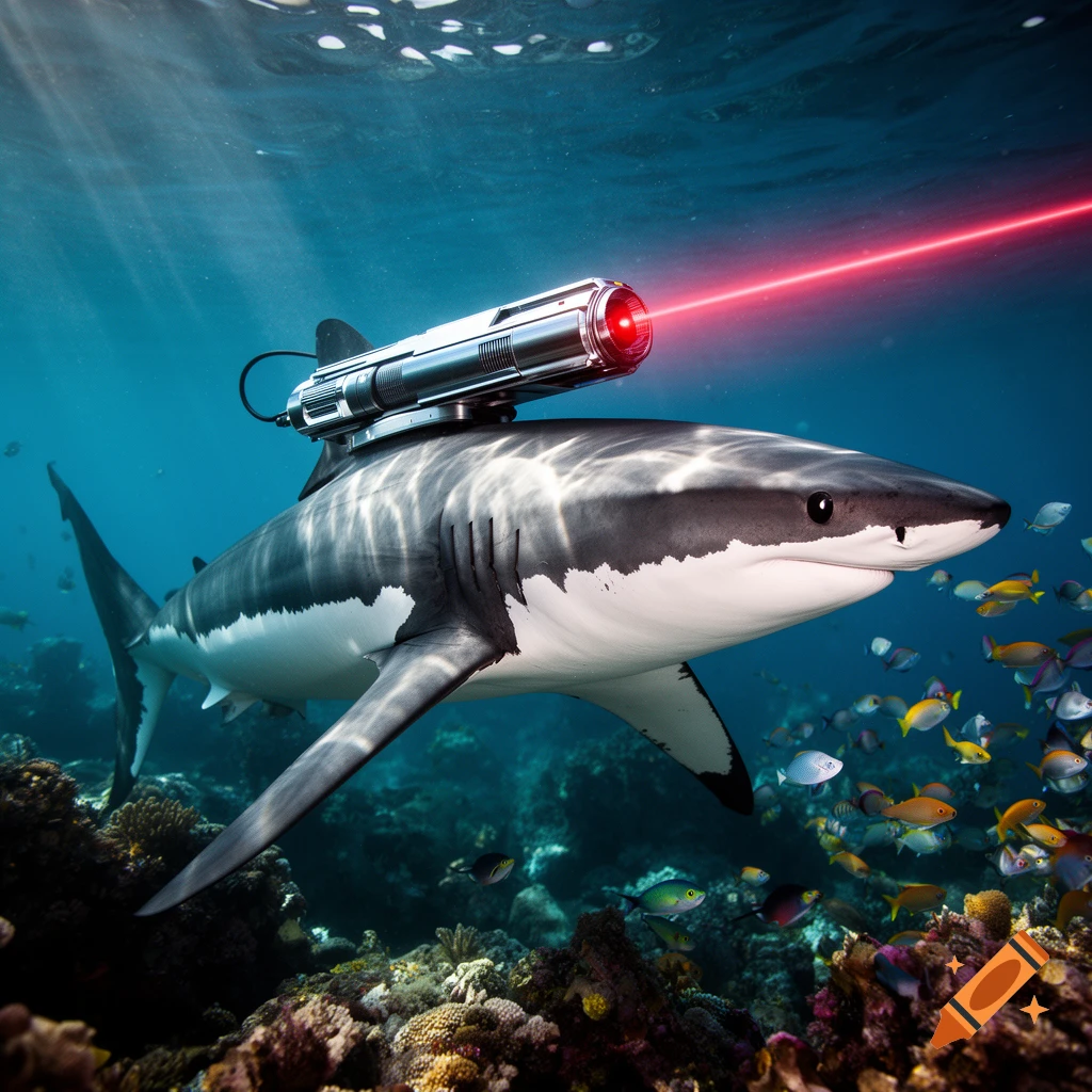 A great white shark swims above a coral reef, a red laser beam shooting from a device mounted on its back, surrounded by small fish.