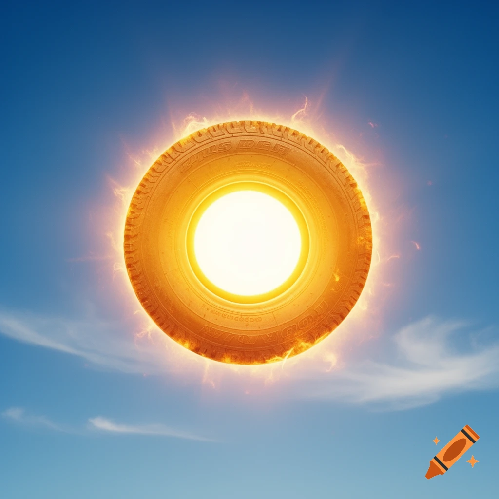 A glowing tire resembling a sun against a clear blue sky with faint wispy clouds.