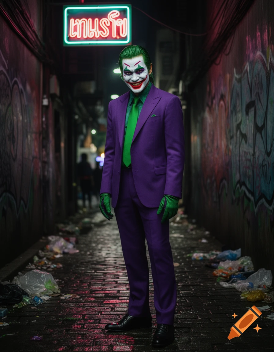 A man dressed as the Joker with green hair and purple suit stands in a dark, graffiti-covered alley under a neon sign, looking at the camera. Photorealistic.
