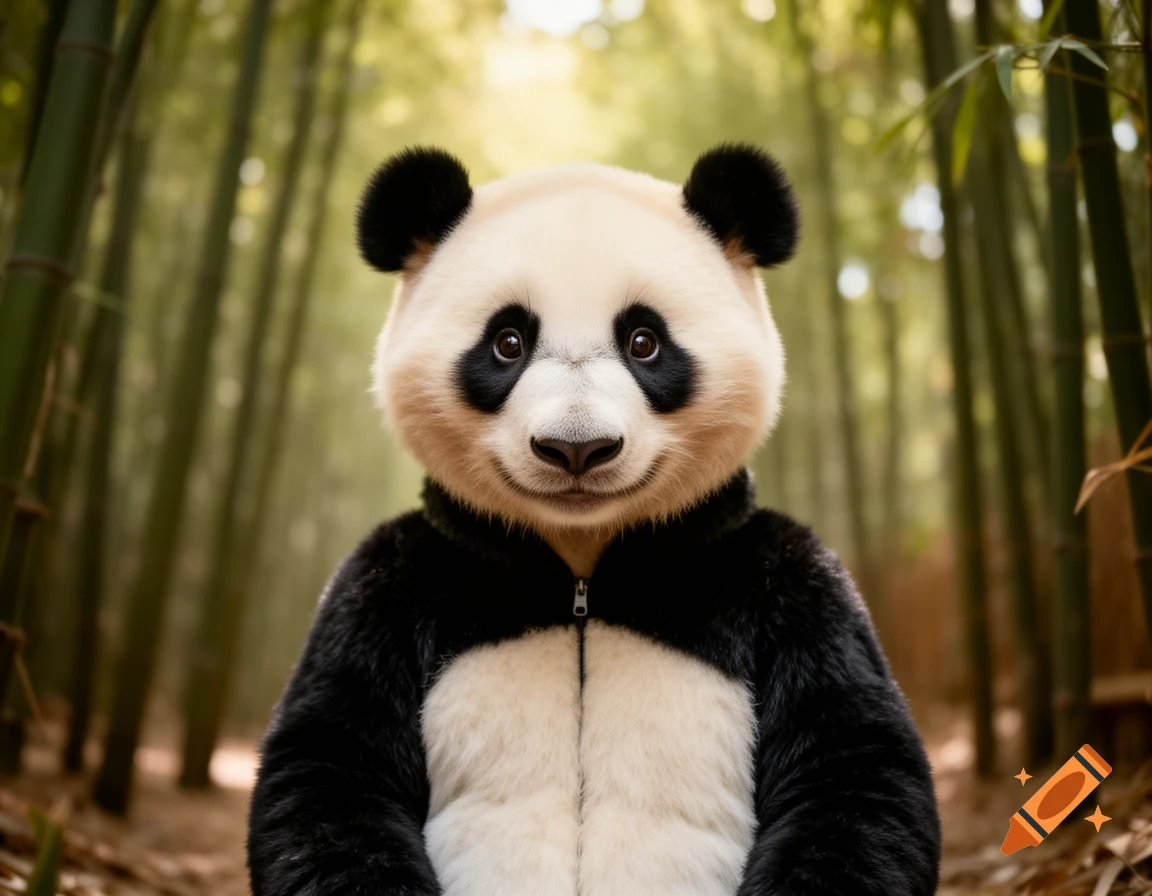 A photorealistic panda wearing a zippered jacket stands in a bamboo forest, looking directly at the viewer.