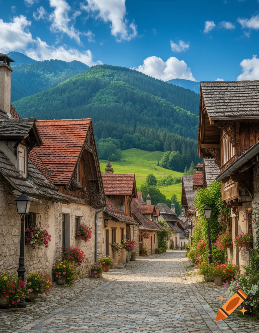A cobblestone street winds through a quaint European village with traditional stone and wood houses, adorned with colorful flowers, beneath a towering forested mountain and blue sky.