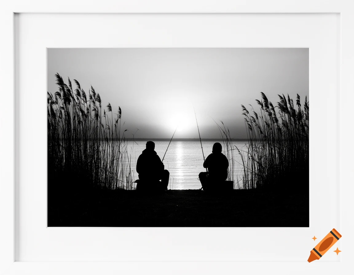 Two fishermen sit on the shore, silhouetted against a bright sunset over a lake, framed by tall reeds in black and white.