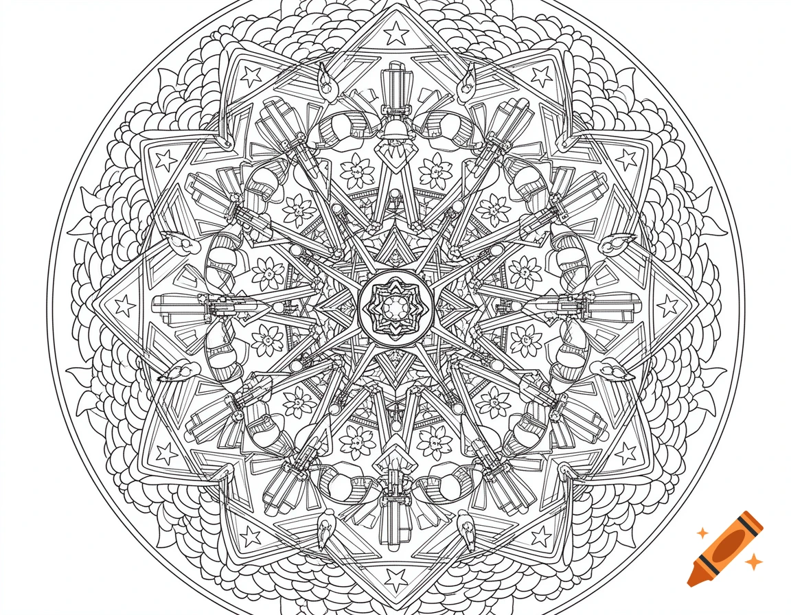 Intricate black and white military-themed mandala line art, suitable for a coloring page.