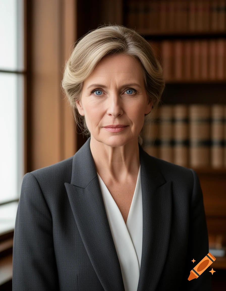 Photorealistic portrait of a professional-looking woman in a dark suit against a blurred bookshelf background.