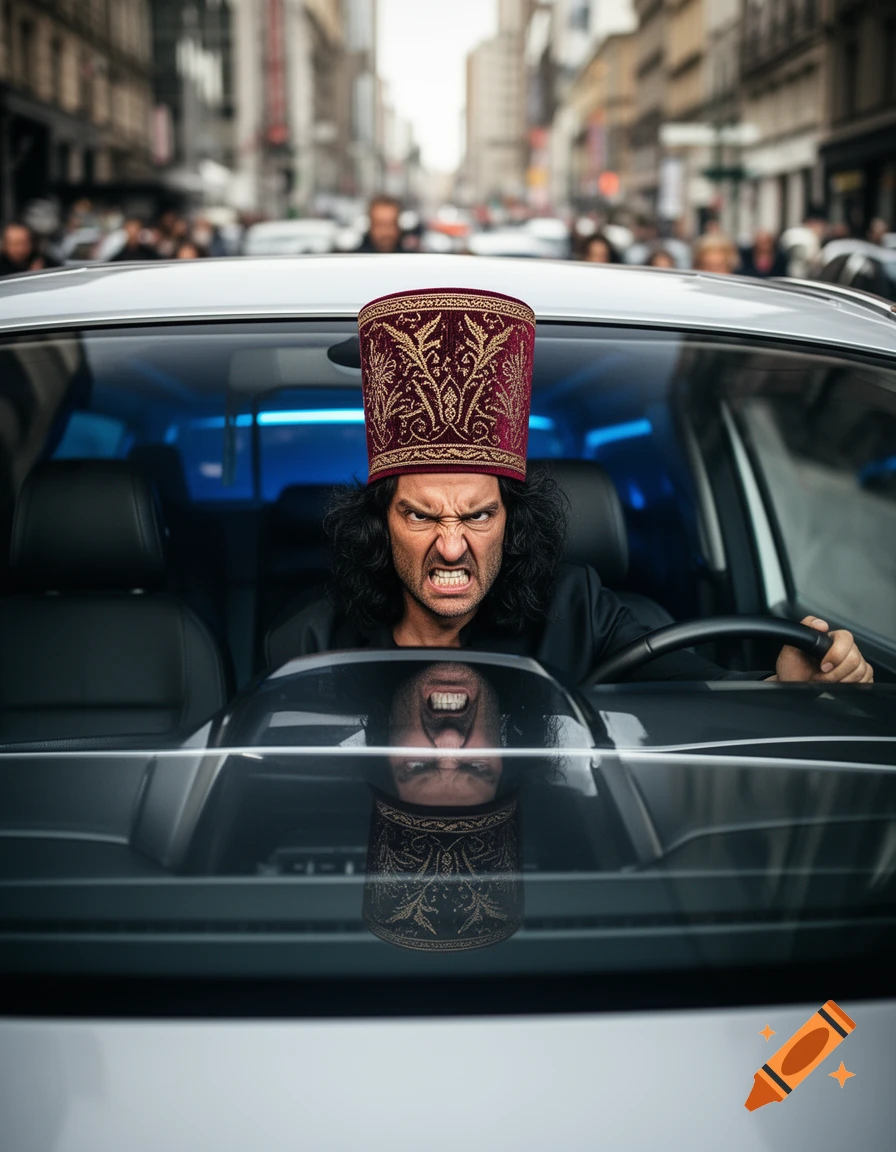 An angry man in a tall, ornate red and gold hat drives a silver car on a city street, his reflection visible in the windshield.