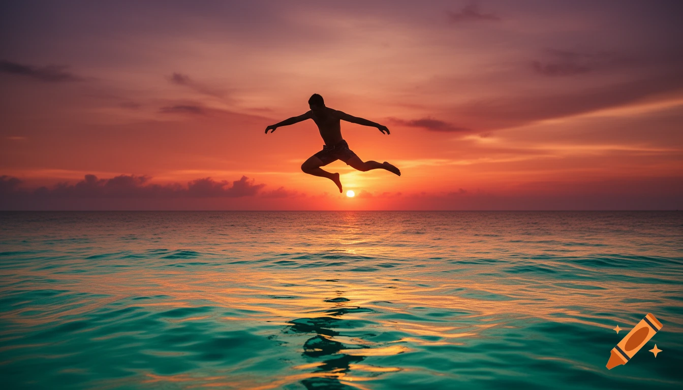 Silhouetted man jumps over the ocean as the sun sets, casting vibrant orange and purple hues.