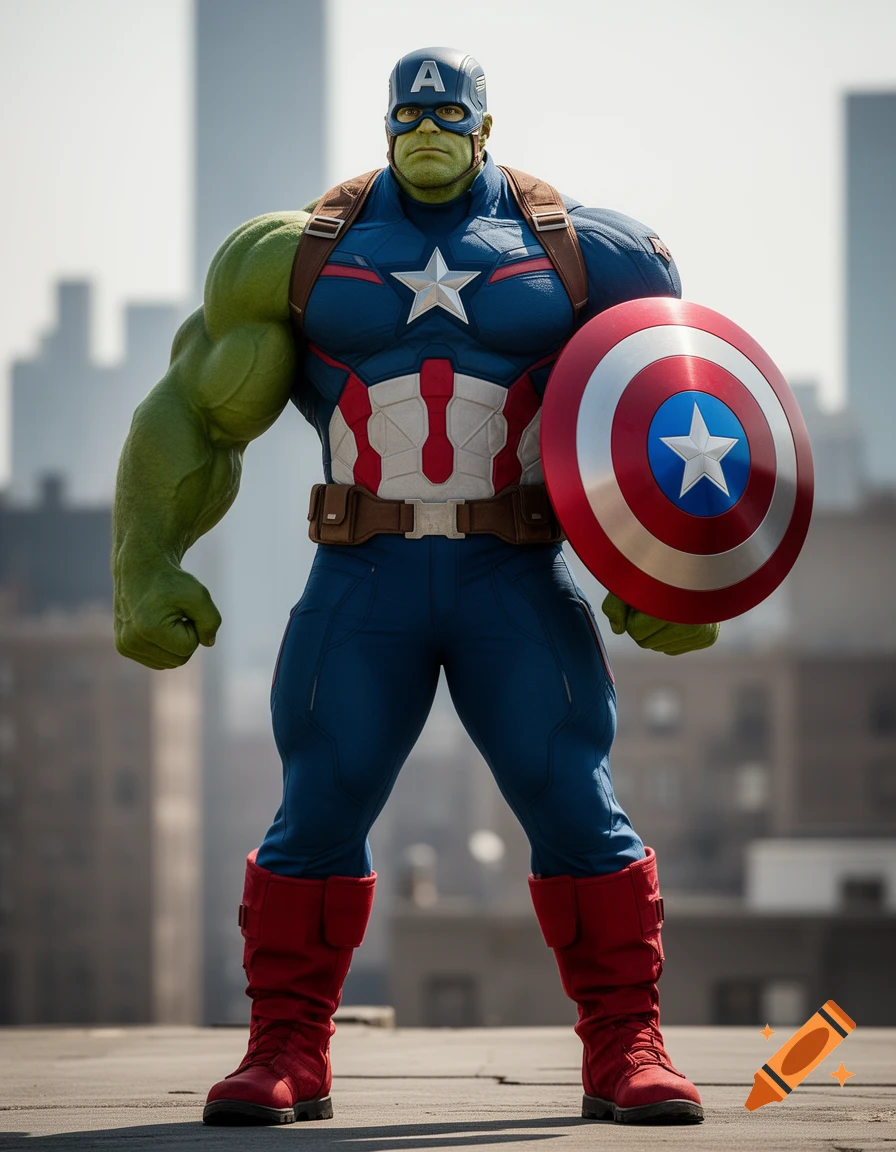 Hulking Captain America with a green face and arm, holding a shield, on a rooftop with city buildings.