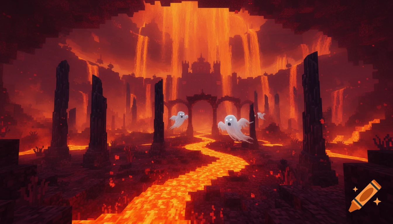 Pixelated Minecraft Nether scene with a glowing lava river leading to a dark castle under a fiery sky, flanked by tall pillars and flying white ghosts.
