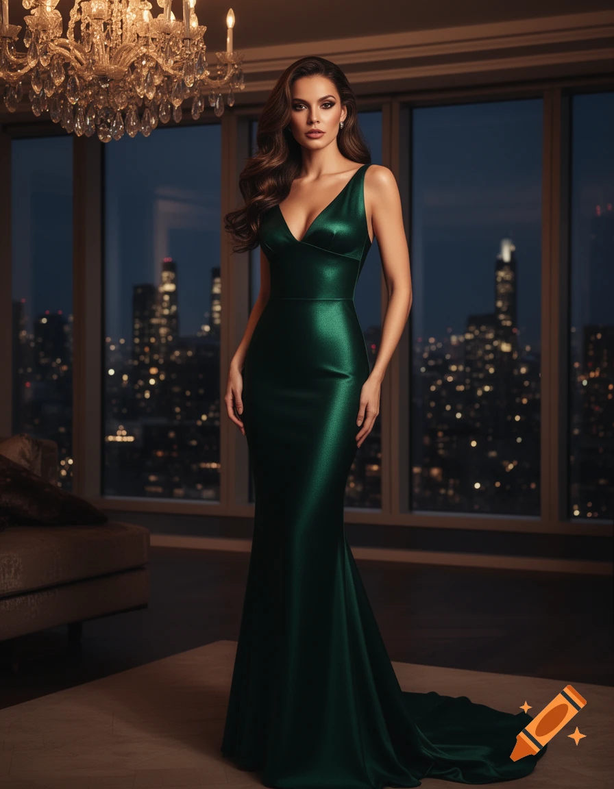 A woman in a dark green elegant gown stands in a luxurious room with a city skyline at night and a sparkling chandelier.