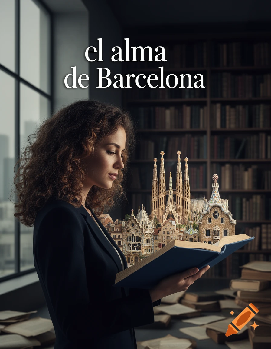 A woman reads a book from which a magical miniature Barcelona cityscape with Gaudi architecture emerges in a library.