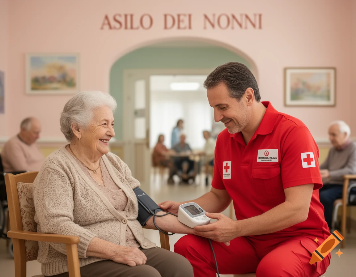 A smiling elderly woman seated in a chair while a male nurse in a red uniform checks her blood pressure with a digital monitor in a nursing home setting. Text "ASILO DEI NONNI" is on the wall.