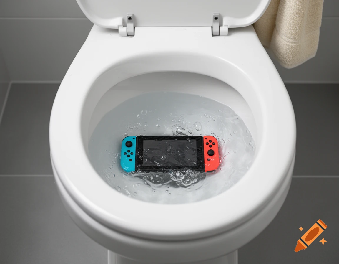 A photorealistic image of a blue and red Nintendo Switch console submerged in a toilet bowl full of water.