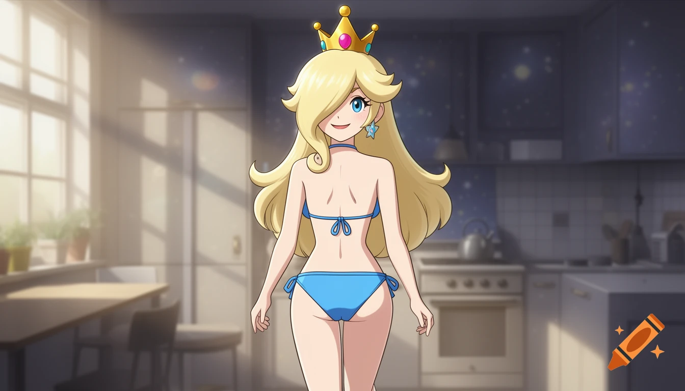 Anime-style Rosalina from Super Mario Galaxy, wearing a blue bikini and crown, smiling while walking in a kitchen.