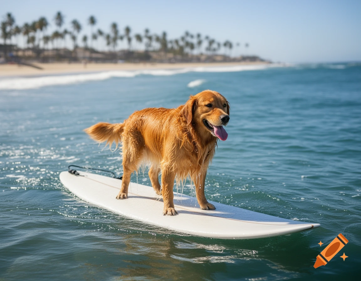 A golden retriever stands on a surfboard in the ocean with waves and a sandy beach with palm trees in the background.