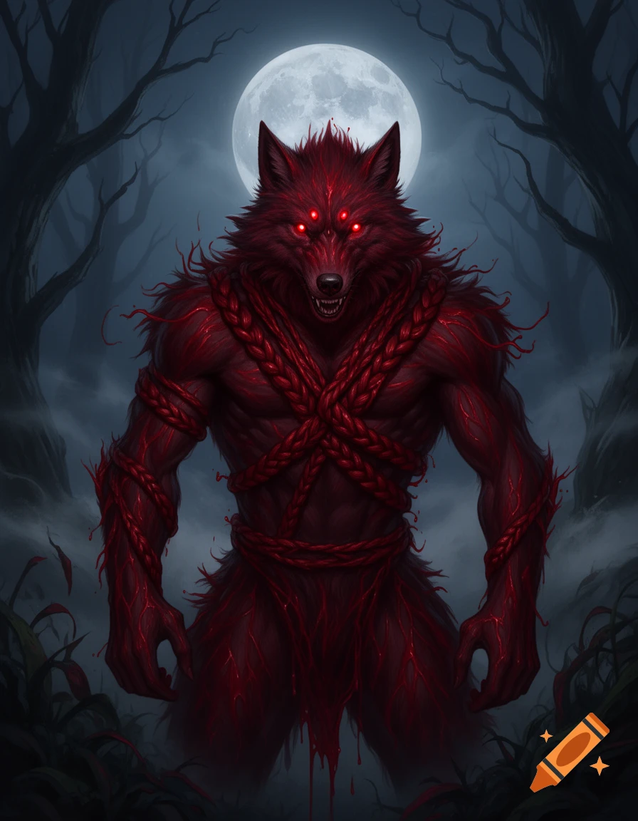 A fierce red werewolf with six glowing red eyes and braided blood-like ...