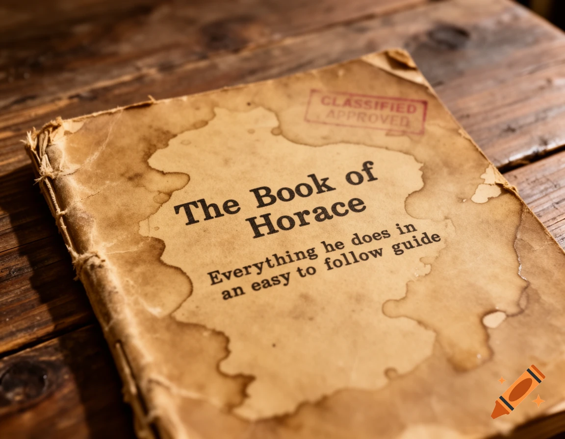 A weathered, vintage book titled 'The Book of Horace' with water stains and frayed edges, lying on a wooden table.