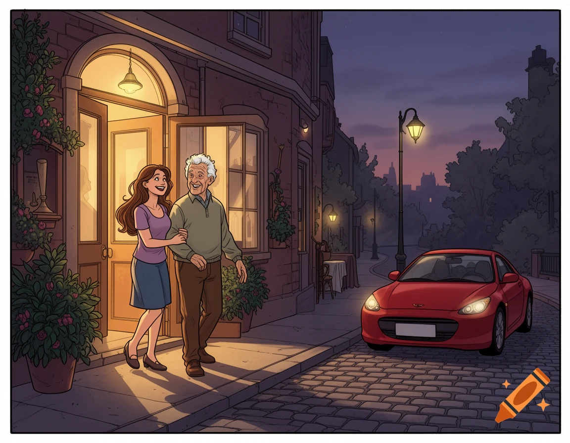 An adult daughter and her elderly father exit a brightly lit restaurant at night, walking arm-in-arm towards a red car parked on a cobblestone street. Cartoon style.