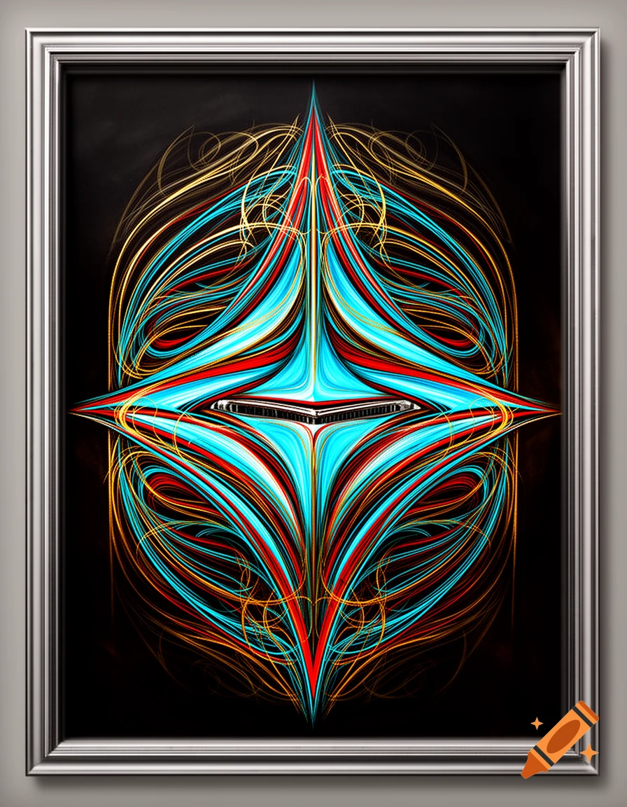 A framed abstract pinstripe design with symmetrical cyan, red, and gold lines on a black background.