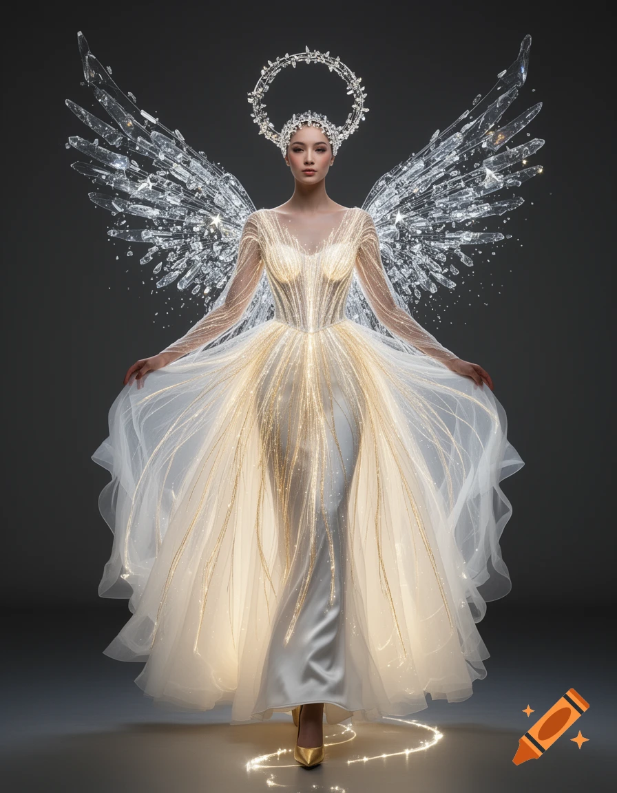 An ethereal woman with glowing white and gold dress, shimmering crystal wings, and a halo stands leaving a light trail.