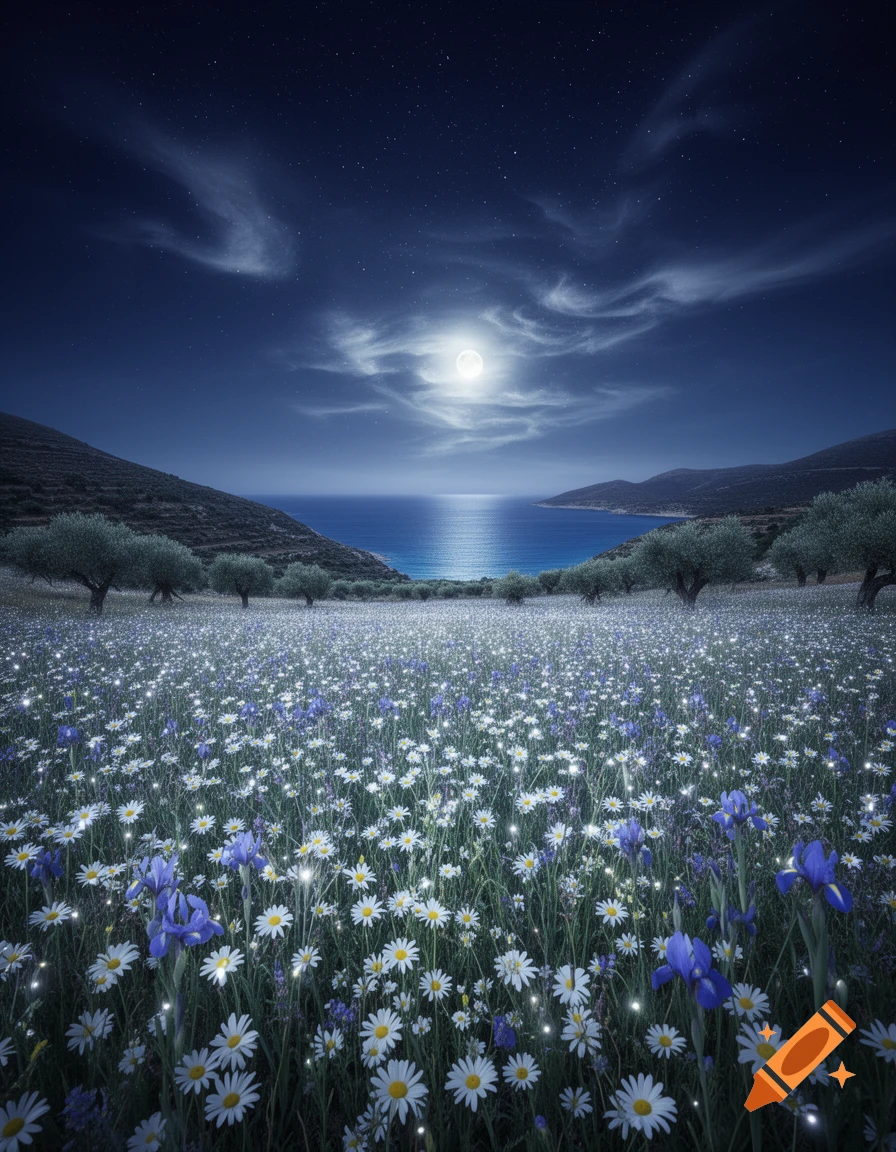 A moonlit landscape features a field of sparkling white daisies and blue irises, olive trees, a calm sea, and mountains under a starry sky.