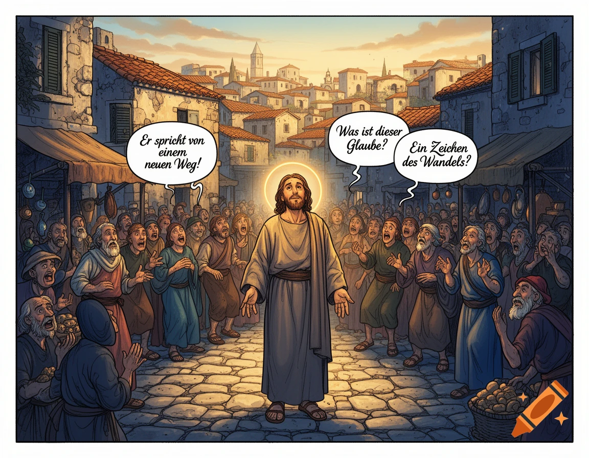 Comic art of Jesus, illuminated, standing in a crowded ancient town street as people react with awe and questions.