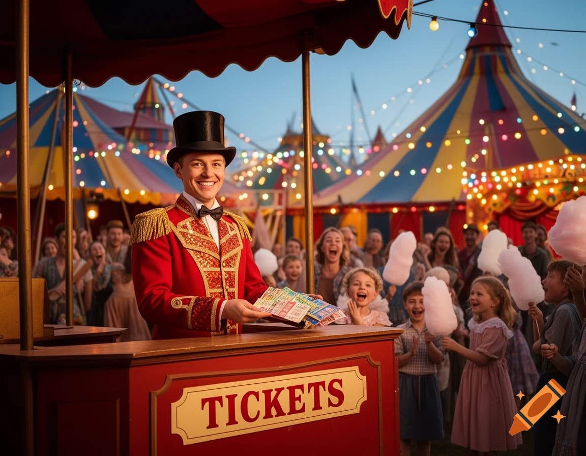 A smiling ticket seller in a red and gold uniform with a top hat stands at a booth, holding tickets at a vibrant circus with happy crowds and colorful tents.