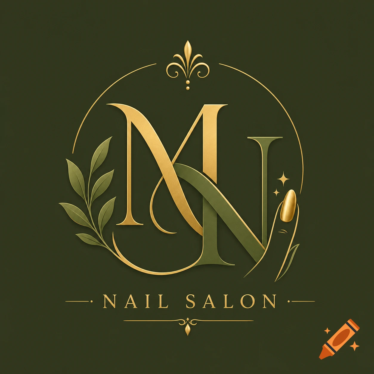 Elegant logo for a nail salon featuring intertwined gold 'M' and green 'N' letters, a golden hand with a painted nail, and the text 'NAIL SALON' on a dark green background.