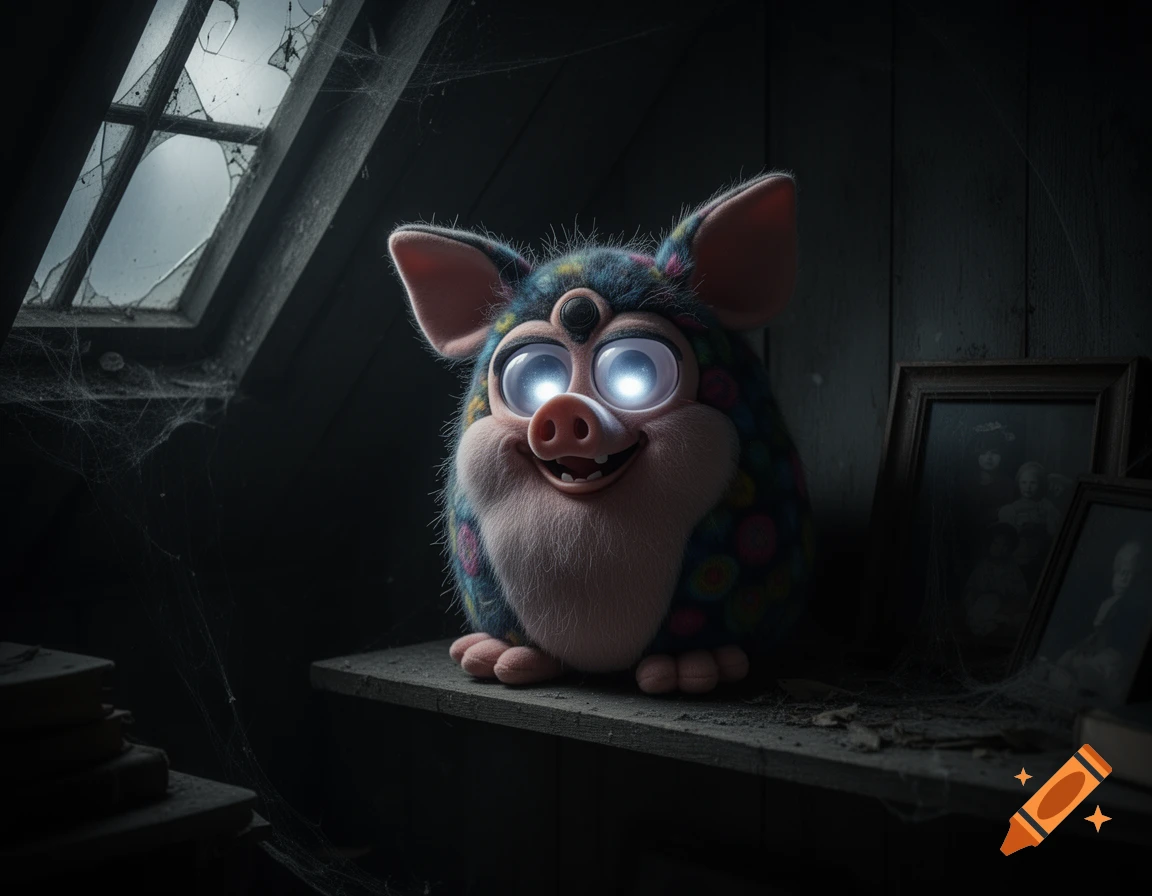 A glowing-eyed, furry Furby-pig creature sits on a dusty shelf in a dark, cobweb-filled attic with a broken window.