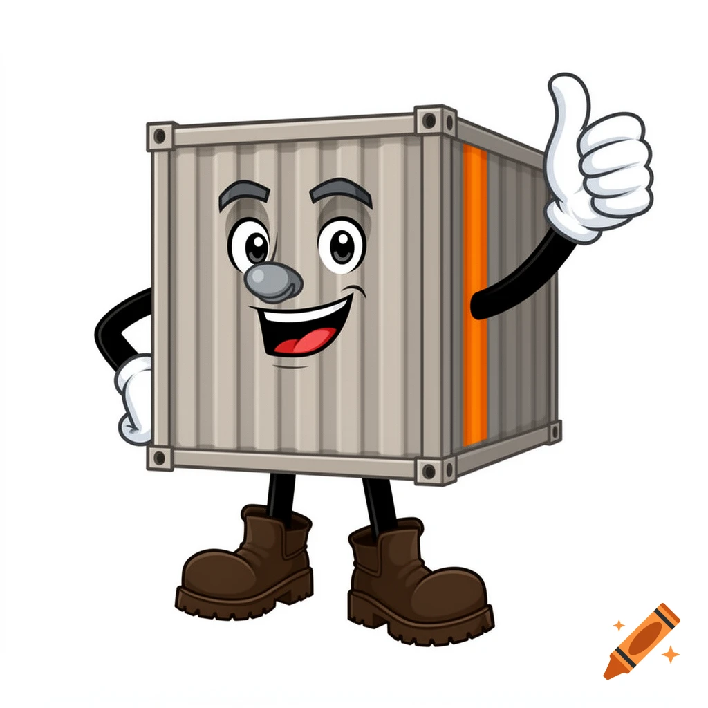 A friendly, anthropomorphic cartoon shipping container mascot with a smiling face and work boots gives a thumbs-up.