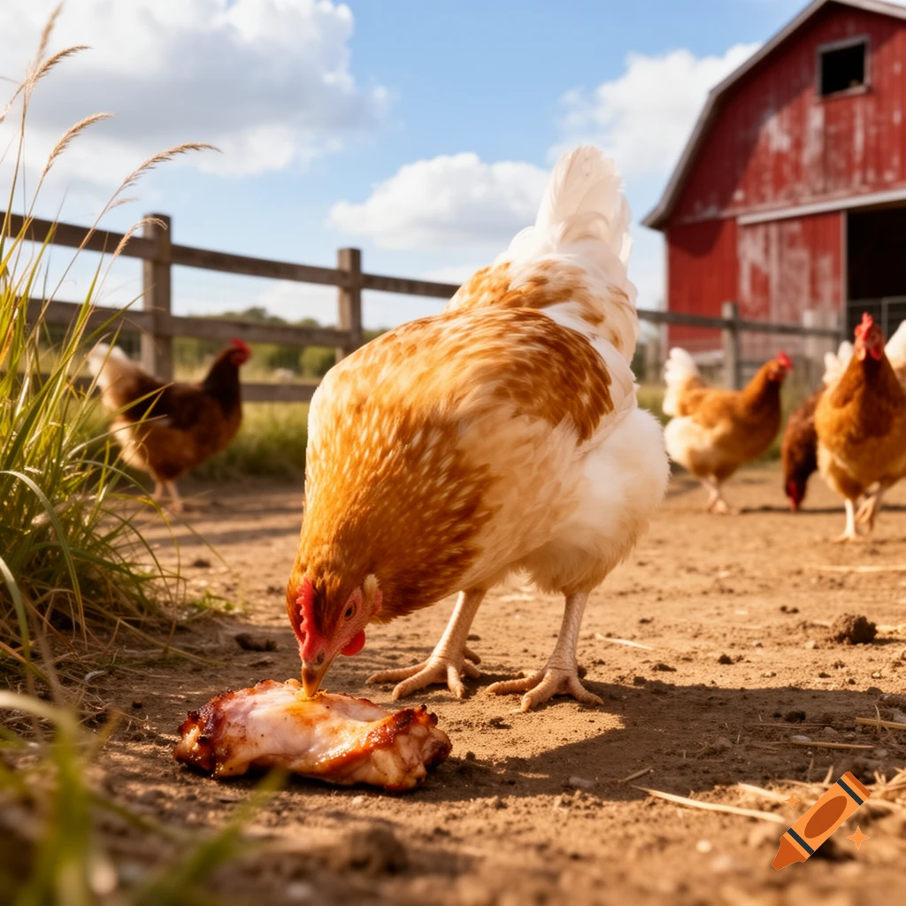 A chicken pecking at a piece of cooked meat on dirt ground with other chickens and a red barn in the background.