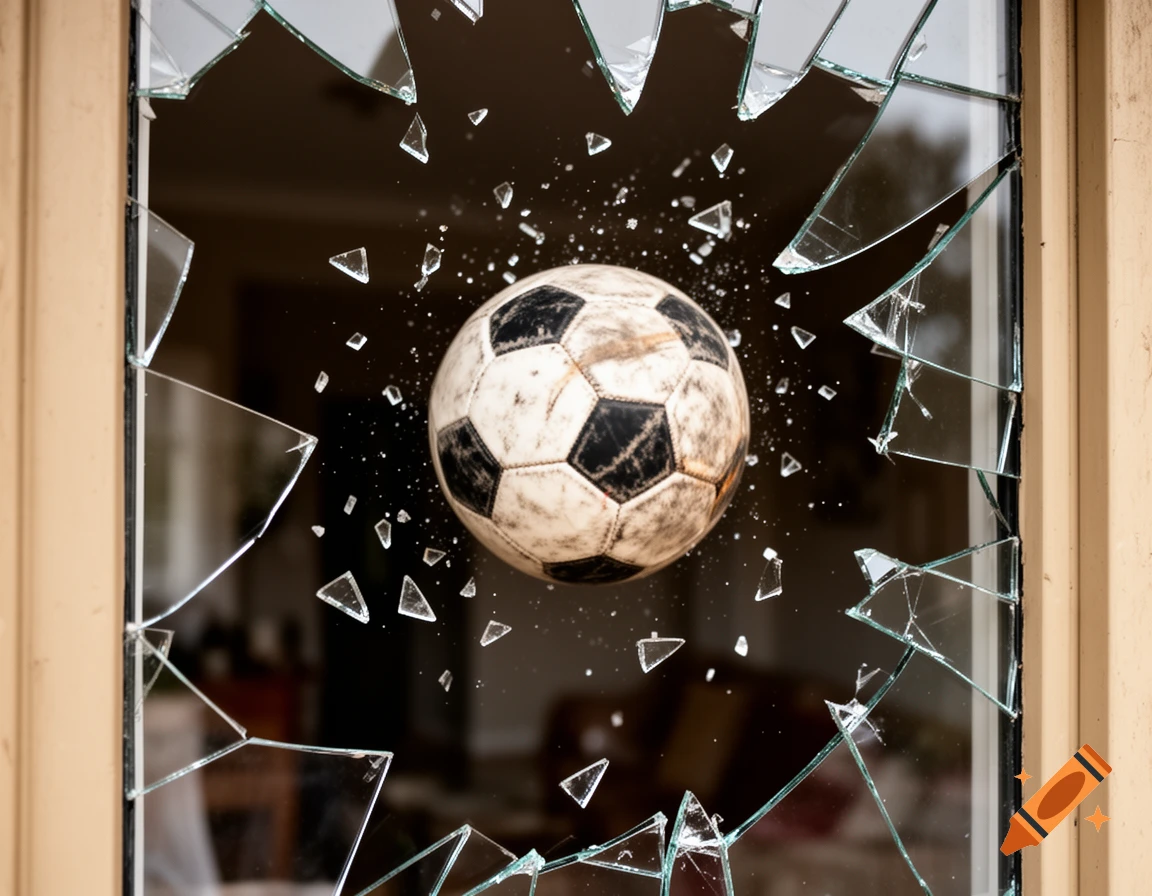 A dirty soccer ball smashes through a window, sending glass shards flying outwards in a photorealistic style.