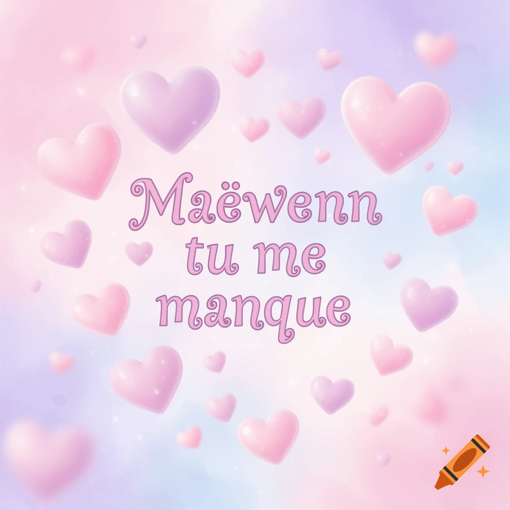Kawaii image with floating pink and purple hearts on a pastel background, featuring the text 'Maëwenn tu me manque'.