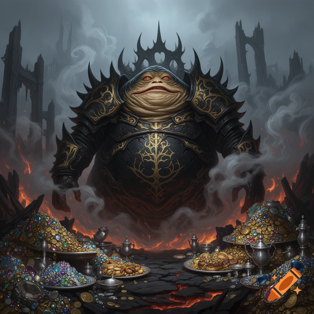 A grotesque, massive Jabba-like creature in ornate black and gold armor sits amidst treasure and food in a dark, ruined, fiery fantasy landscape.