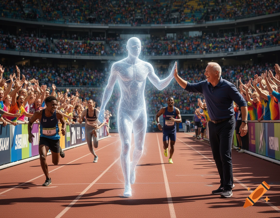 A glowing, ghost-like figure high-fives a smiling coach on a track. Runners are in motion on the track, and a large crowd cheers in the stadium stands. Photorealistic style.