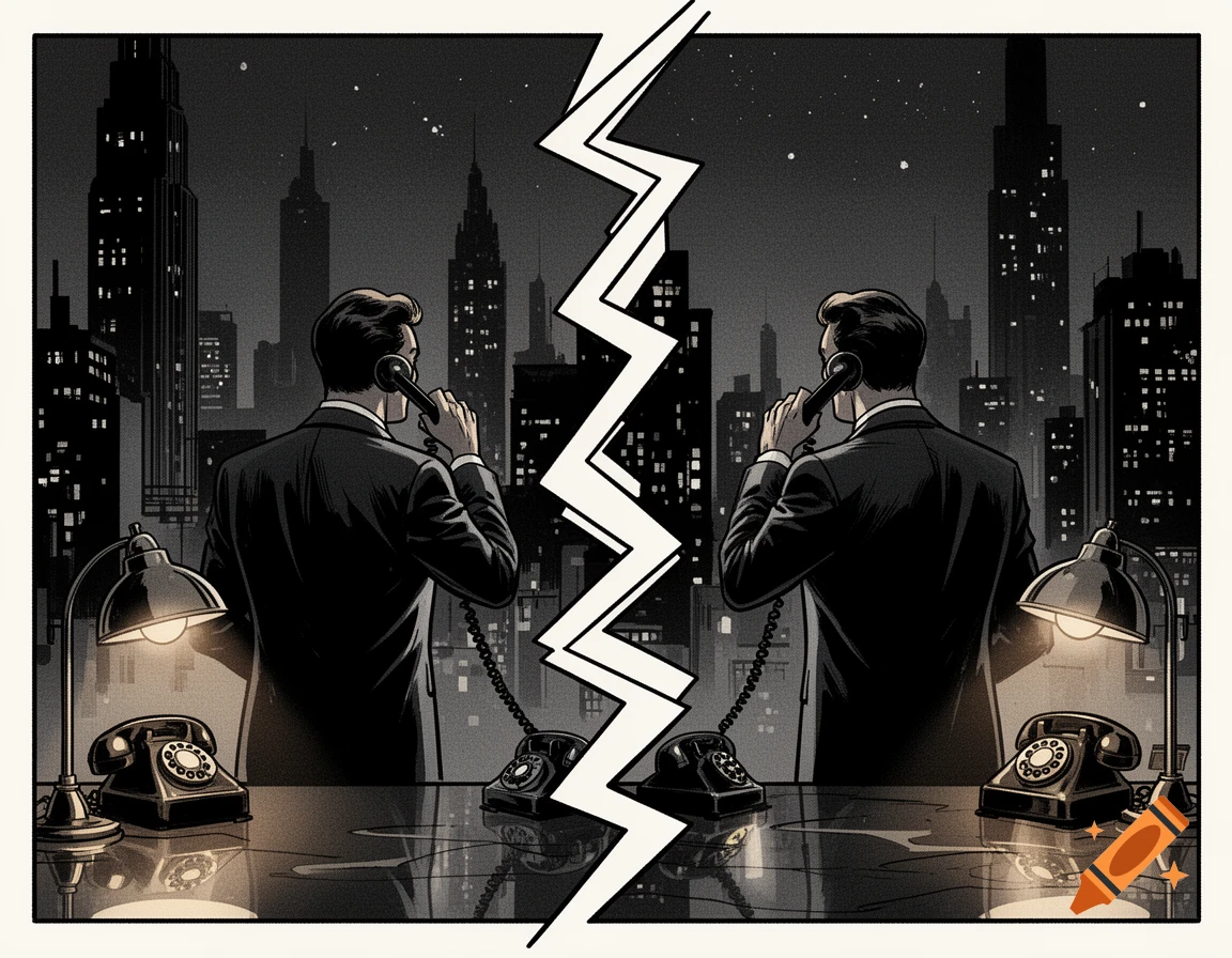 Two men in suits stand with their backs to the viewer, talking on rotary phones, split by a white zigzag line. A dark 1950s cityscape is in the background.