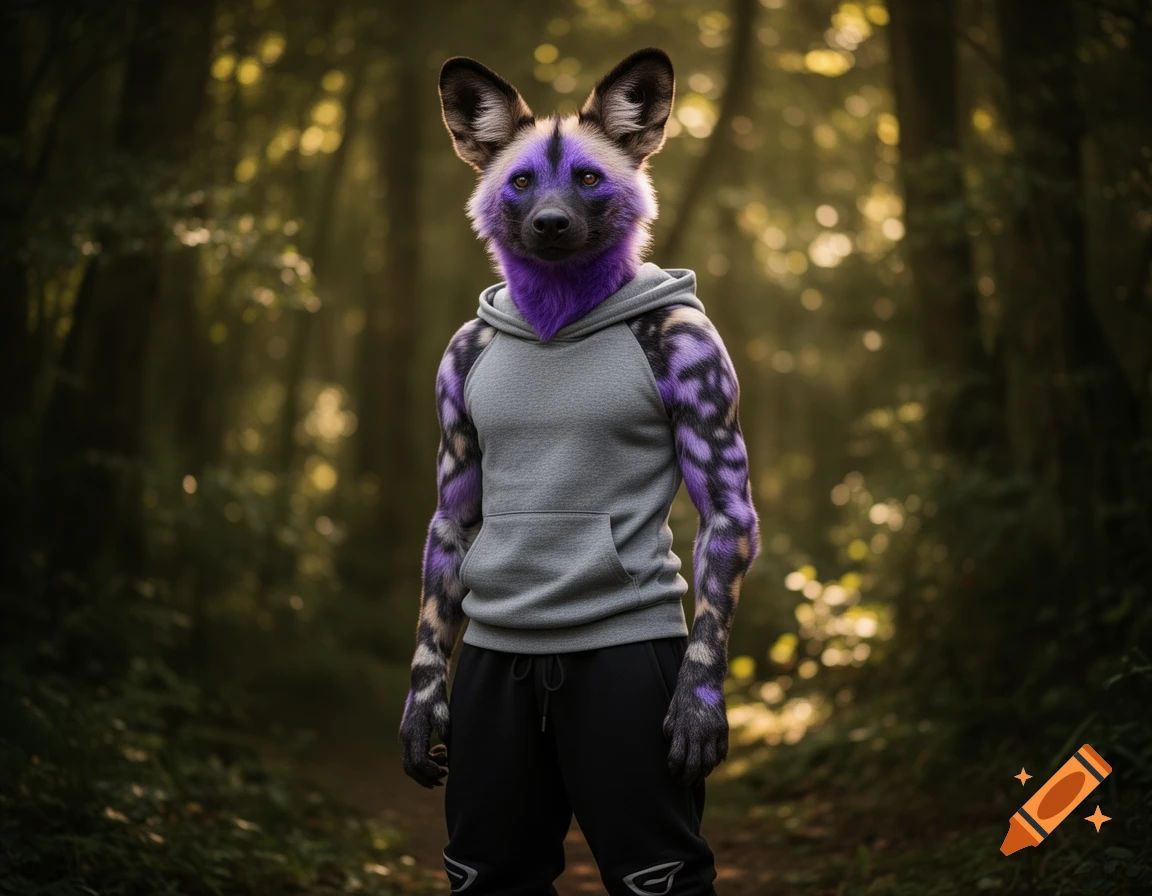 A purple, gray, and black African wild dog fursona wearing a gray hoodie and black sweatpants stands in a sunlit forest.