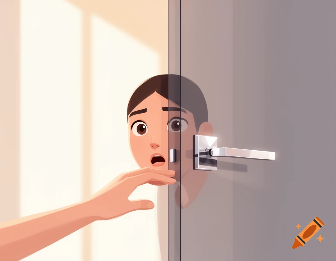 Stylized illustration of a surprised person's face and hand peeking around a closing gray door, lit by sunlight.