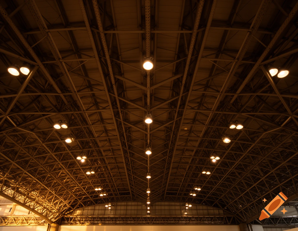A low-angle, photorealistic view of an exhibition hall's ceiling, featuring a complex metal truss structure with many round, warm-lit lamps.