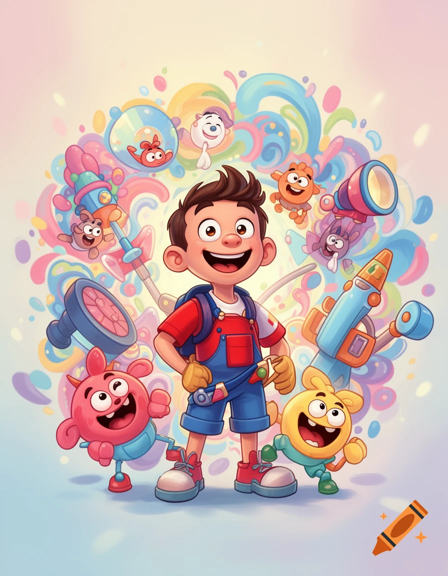 A happy cartoon boy in overalls is surrounded by colorful, cheerful monster-like characters, water guns, and paint splashes.