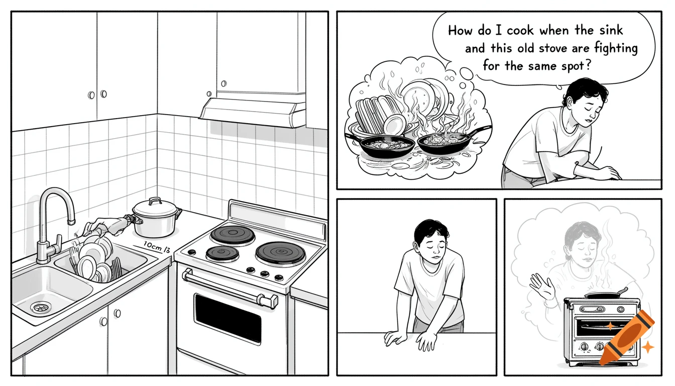 A black and white comic strip shows a man frustrated by a cramped kitchen, with a tiny 10cm gap between the sink and an old electric stove.