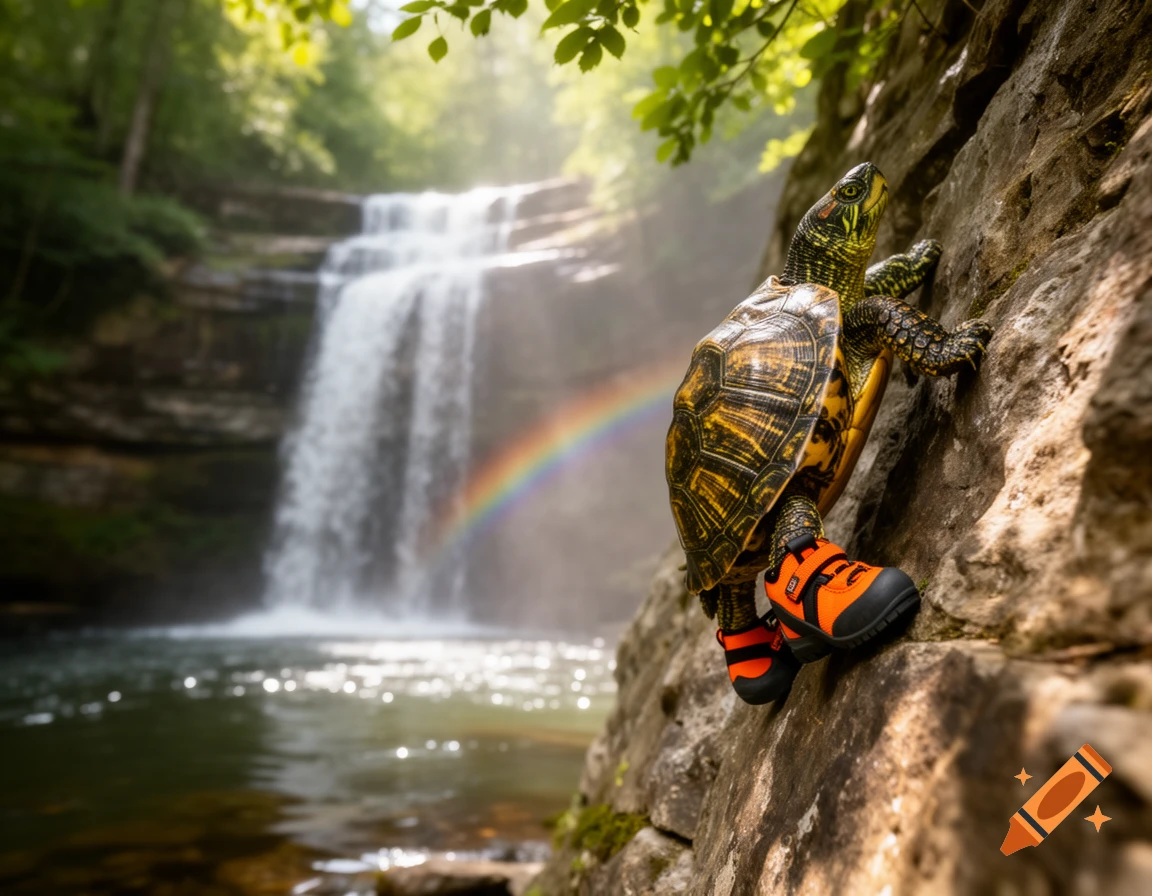 A turtle wearing orange and black climbing shoes ascends a rock wall with a rainbow and waterfall in the background.