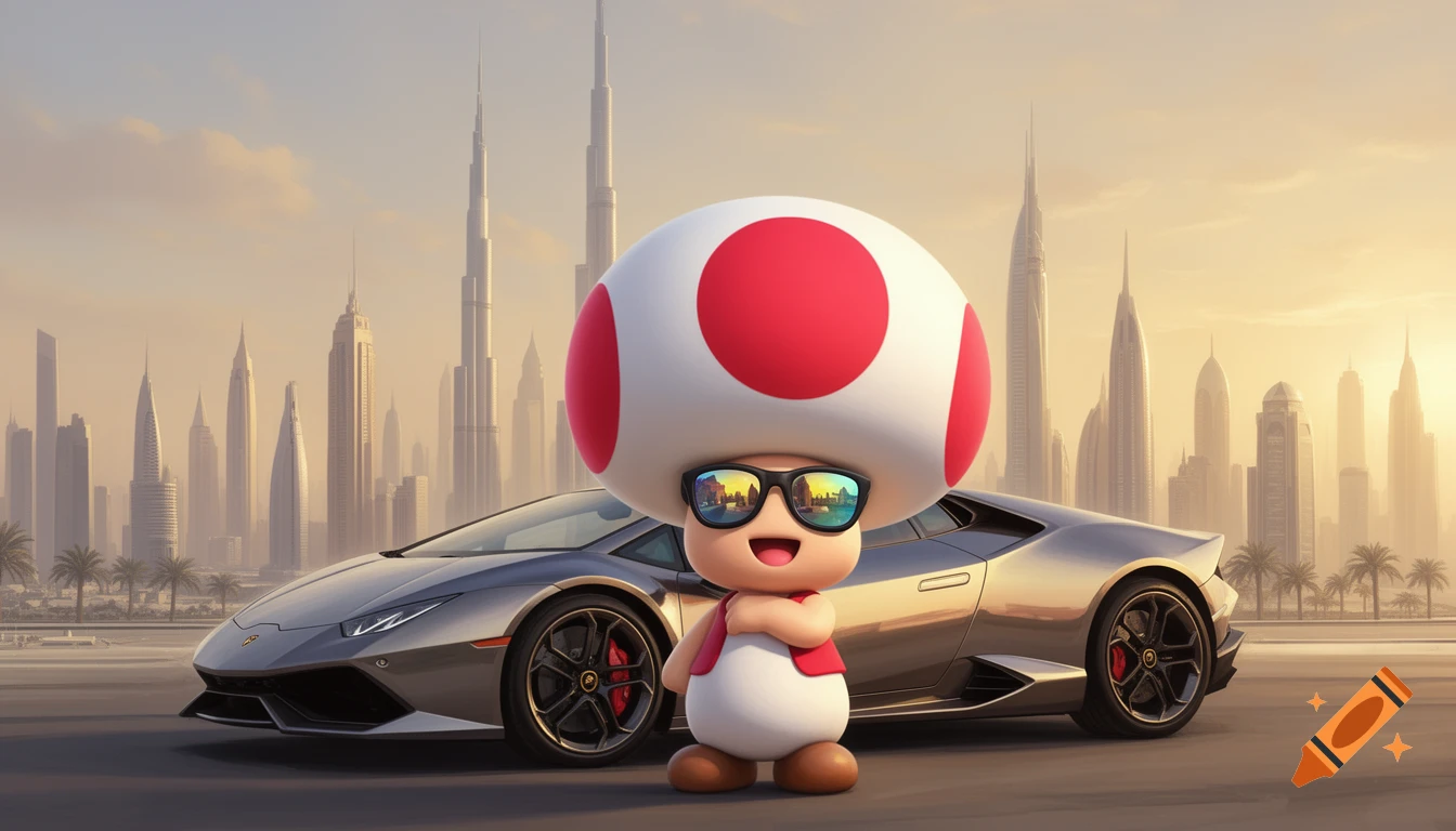 Toad from Super Mario, wearing sunglasses, stands in front of a silver Lamborghini with the Dubai skyline in the background.