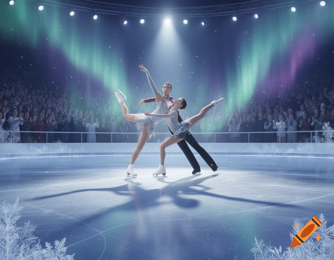 A pair of ice skaters performing an acrobatic lift in a brightly lit arena with an audience, under glowing northern lights and falling snow.