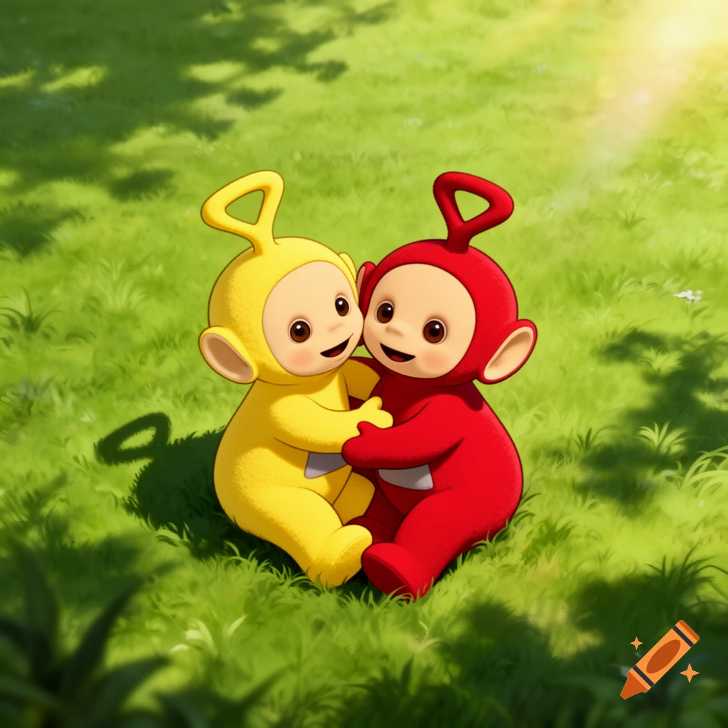 Yellow and red Teletubby-like characters cuddle in a sunny grassy field, cartoon style.