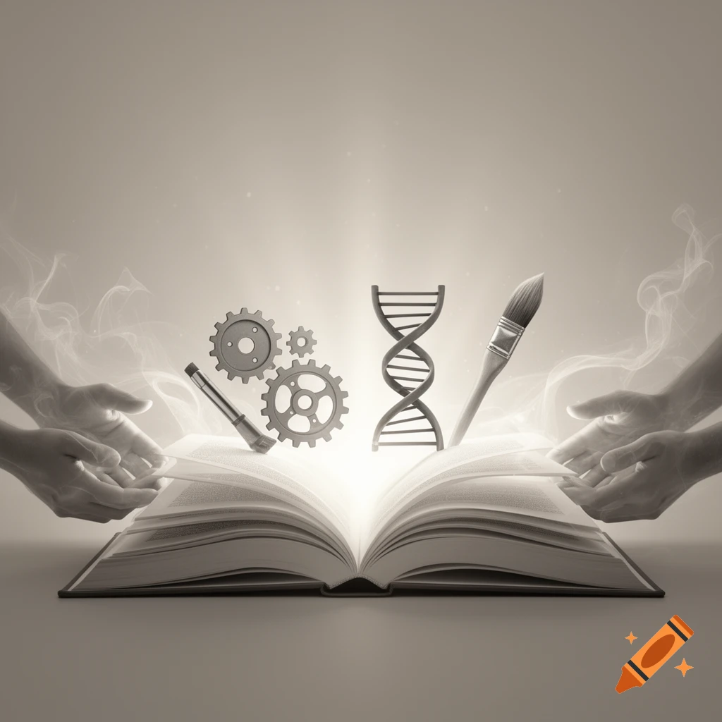 An open book with glowing light, showing gears, a DNA helix, and a paintbrush rising from it, flanked by hands, in sepia tones.