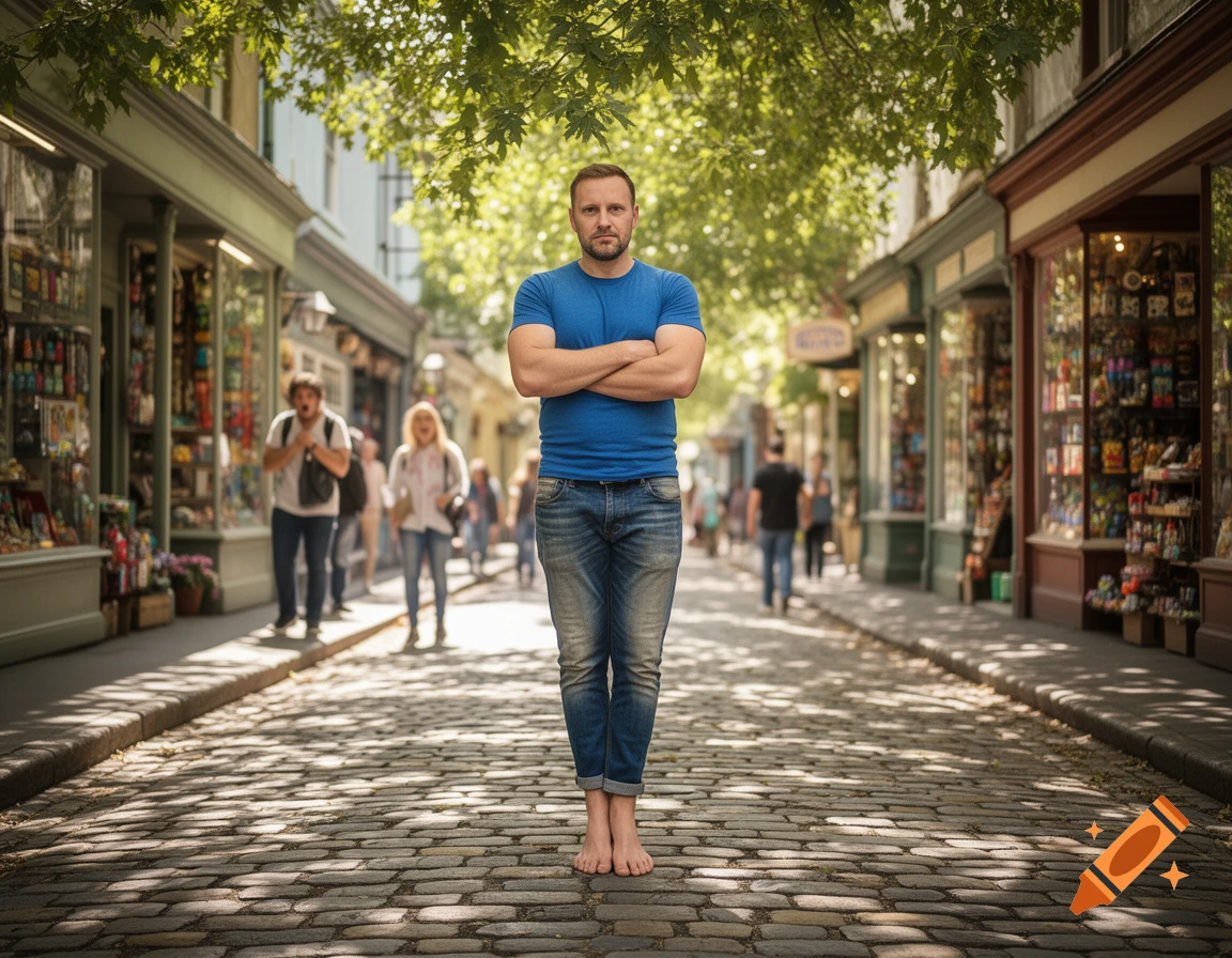 A man in a blue t-shirt and jeans stands barefoot with crossed arms on a cobblestone street, looking at the viewer. Shops line the sunny street.