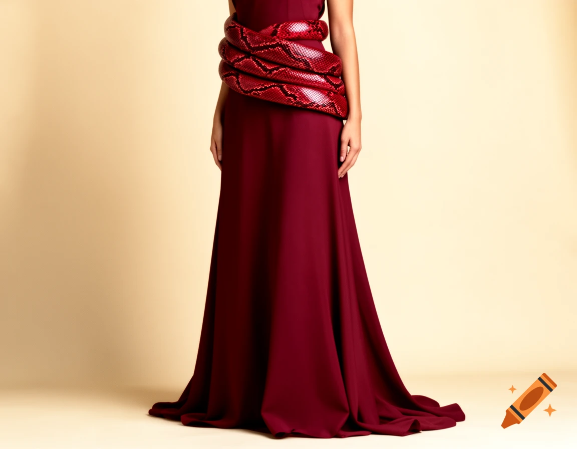 A photorealistic image of a person wearing a maroon-red gown with a red snake-like wrap around the waist.