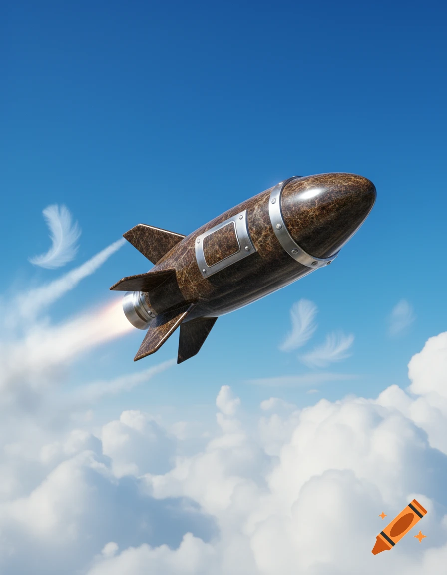 A stylized brown, leather-textured rocket with silver bands launches upwards through a blue sky with white clouds.