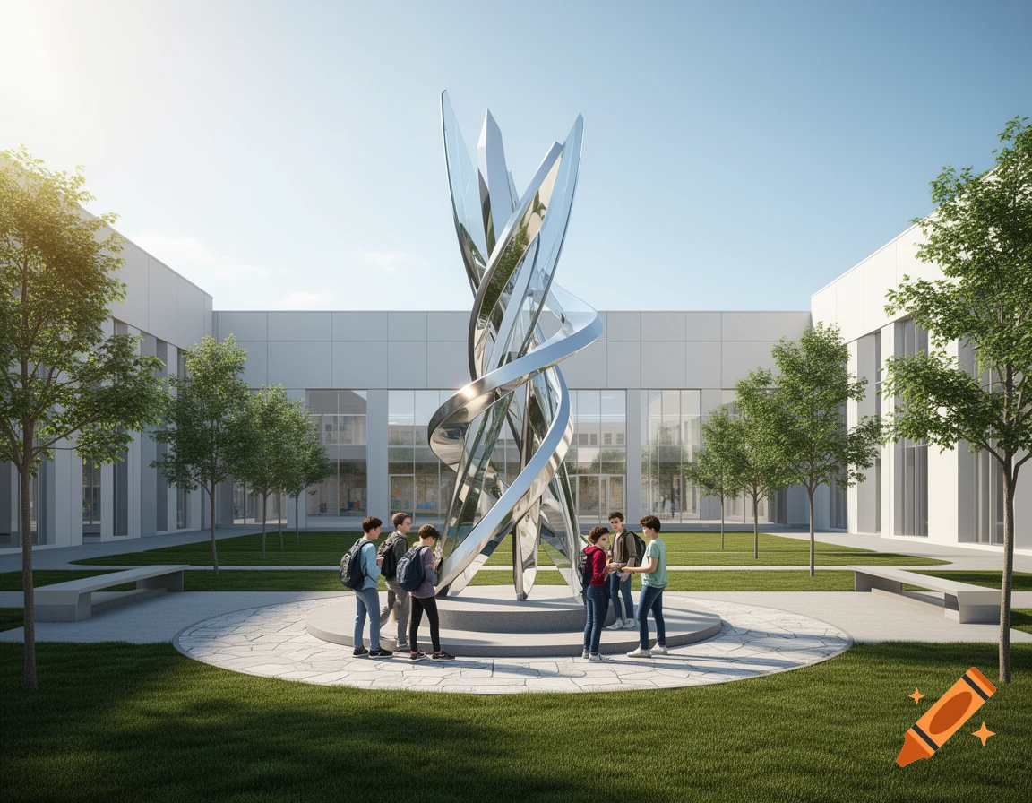 A modern, shiny metallic sculpture stands in a sunny college courtyard where several students gather.